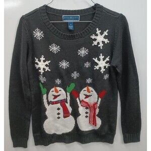 Karen Scott  Snowmen Holiday Sweater Black Petite Small Snowflakes Christmas